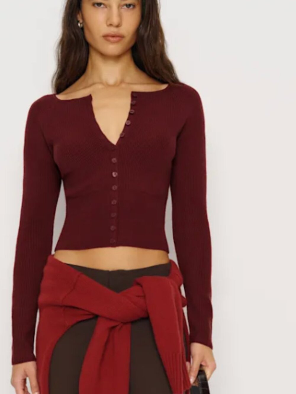 Reformation Burgundy Ribbed Button-Up Crop Cardigan